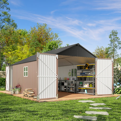 10'x12' Outdoor Metal Storage Shed, Weather‑Resistant Galvanized Steel Tool Shed with Double Hinged Doors & Vents for Backyard Garden Storage