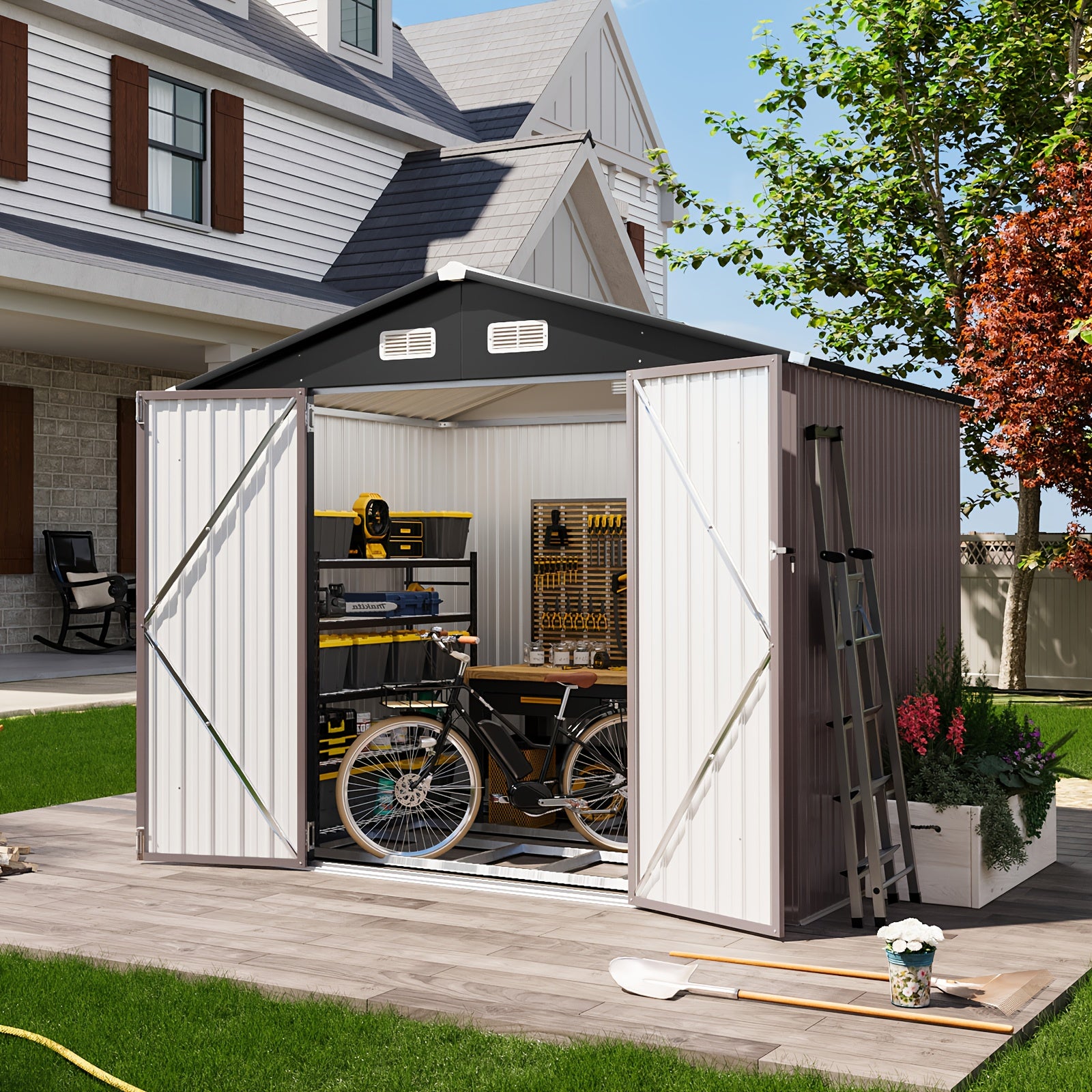 10'x12' Outdoor Metal Storage Shed, Weather‑Resistant Galvanized Steel Tool Shed with Double Hinged Doors & Vents for Backyard Garden Storage