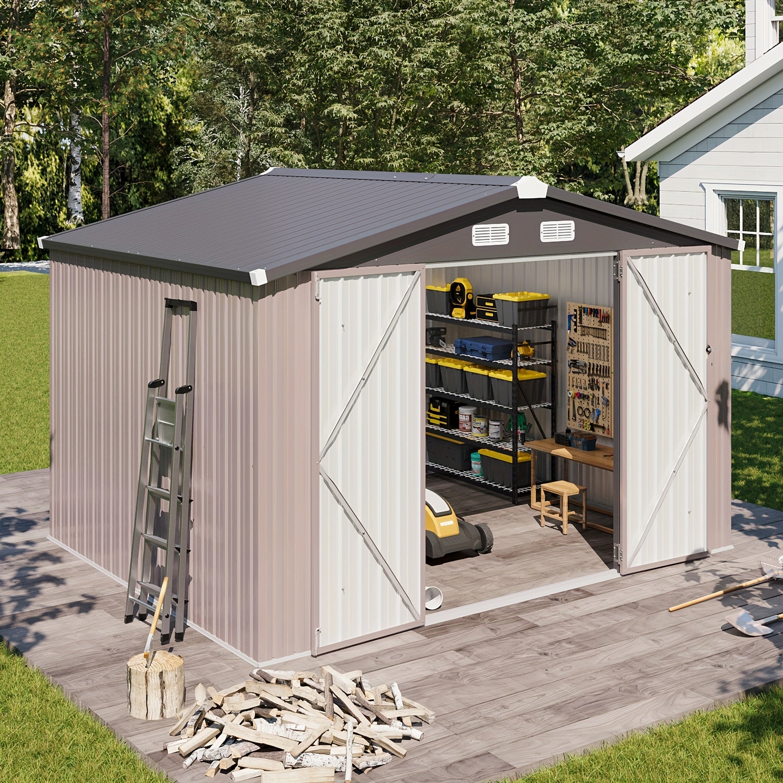 10'x12' Outdoor Metal Storage Shed, Weather‑Resistant Galvanized Steel Tool Shed with Double Hinged Doors & Vents for Backyard Garden Storage