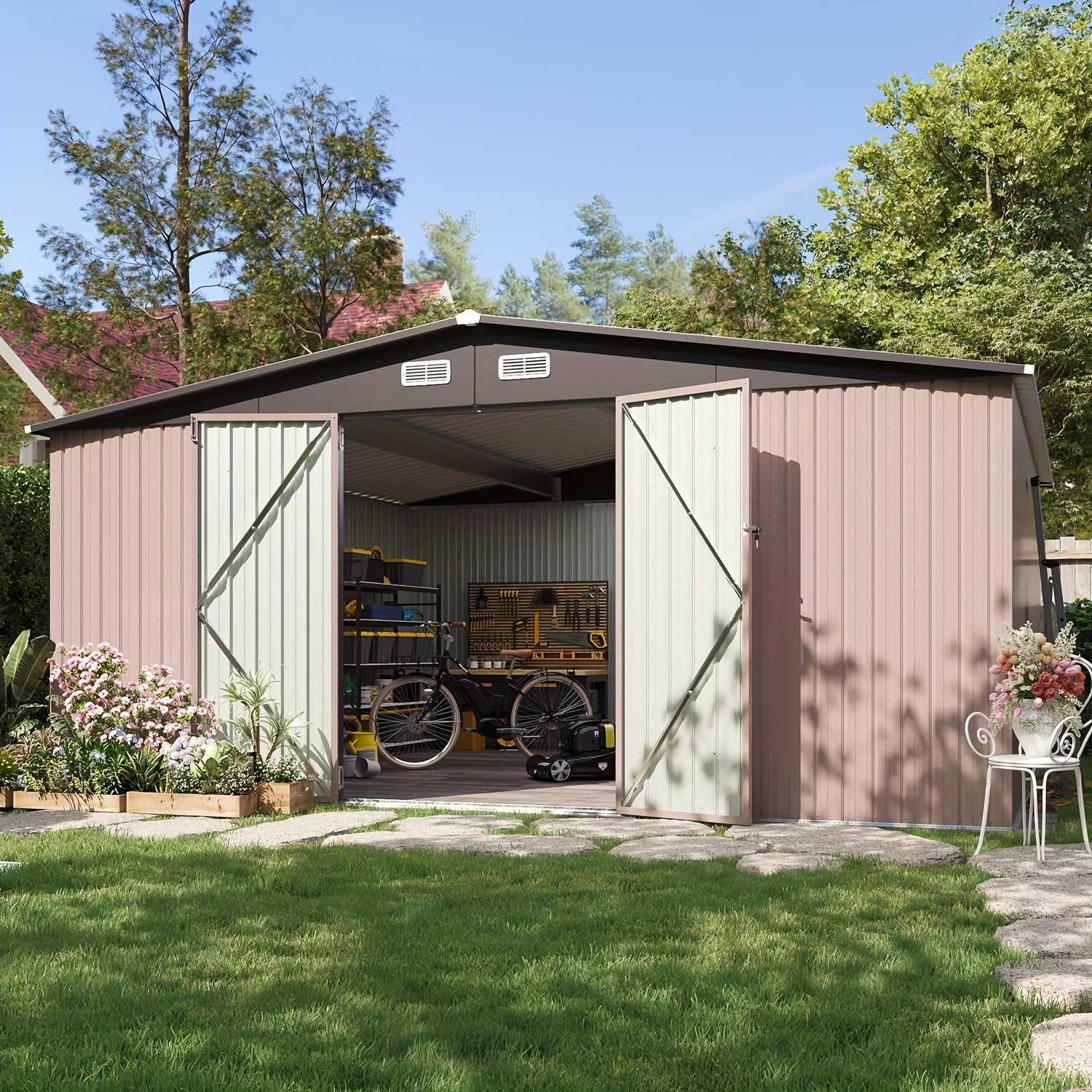10'x12' Outdoor Metal Storage Shed, Weather‑Resistant Galvanized Steel Tool Shed with Double Hinged Doors & Vents for Backyard Garden Storage