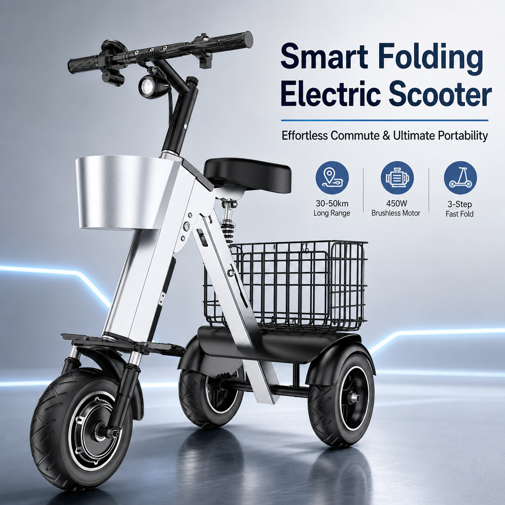 3‑Wheel Folding Electric Scooter, 450W Brushless Motor 30‑50KM Range Removable Battery, Compact Foldable E‑Scooter with Basket for City Commute Travel