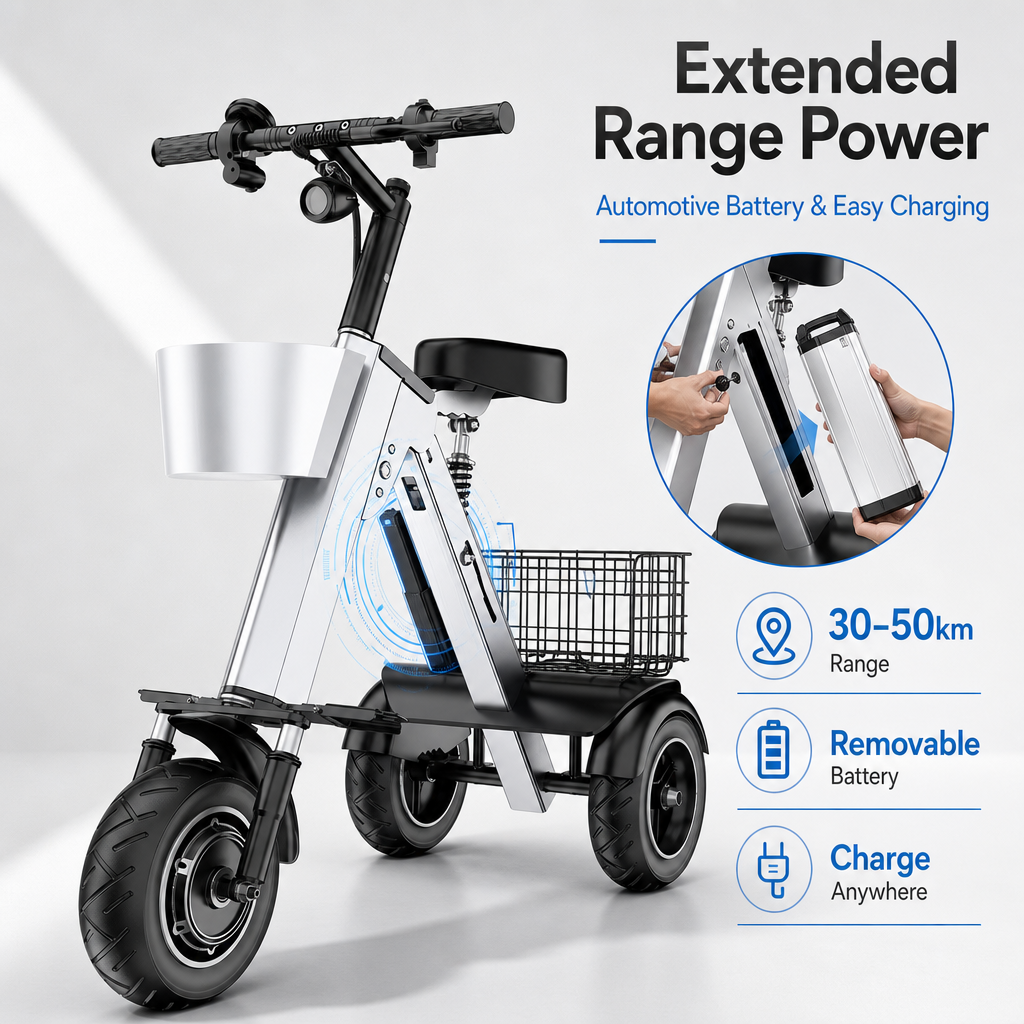3‑Wheel Folding Electric Scooter, 450W Brushless Motor 30‑50KM Range Removable Battery, Compact Foldable E‑Scooter with Basket for City Commute Travel