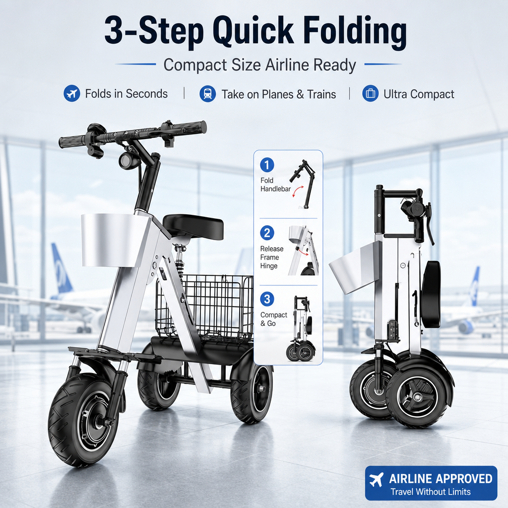 3‑Wheel Folding Electric Scooter, 450W Brushless Motor 30‑50KM Range Removable Battery, Compact Foldable E‑Scooter with Basket for City Commute Travel