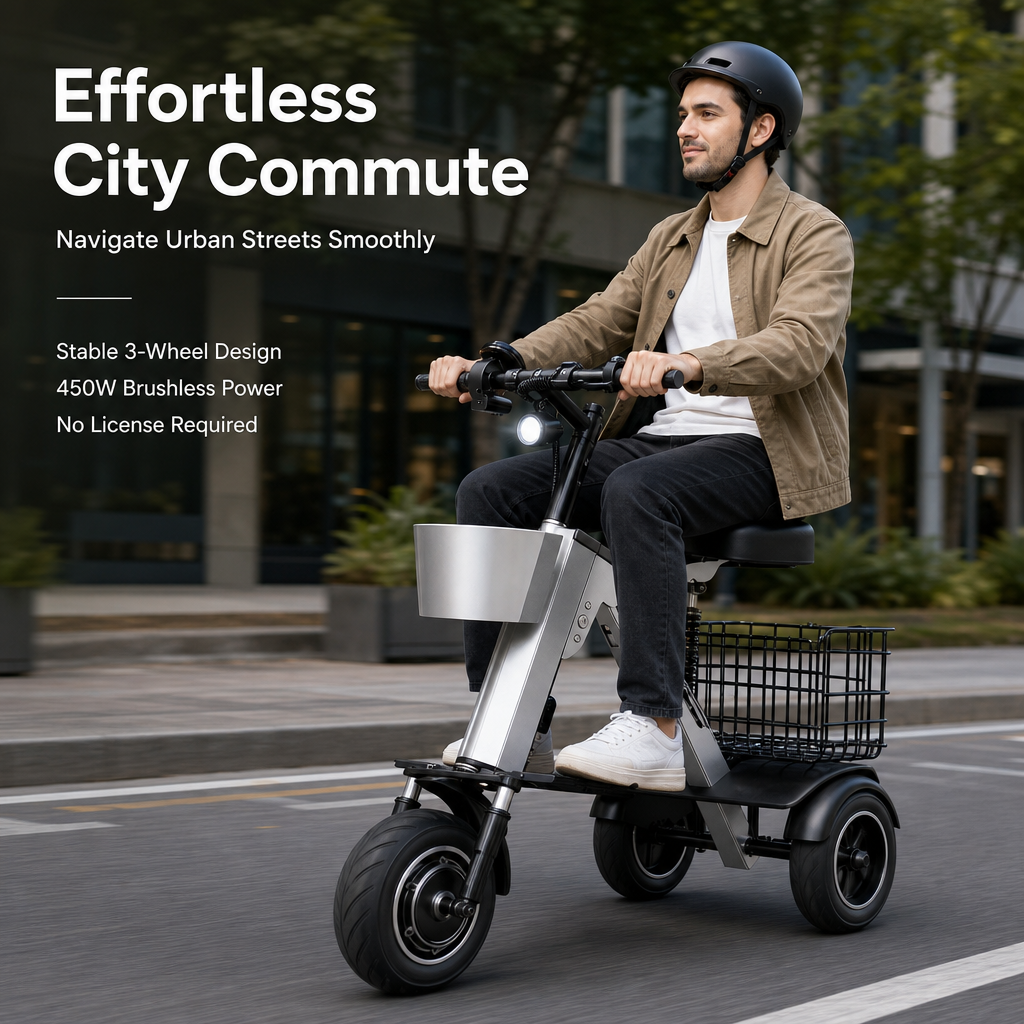 3‑Wheel Folding Electric Scooter, 450W Brushless Motor 30‑50KM Range Removable Battery, Compact Foldable E‑Scooter with Basket for City Commute Travel
