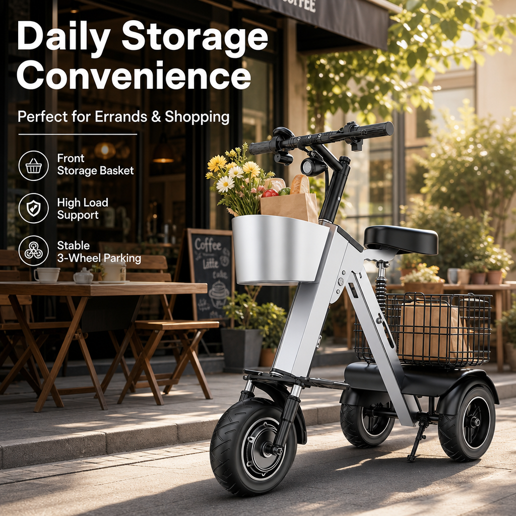 3‑Wheel Folding Electric Scooter, 450W Brushless Motor 30‑50KM Range Removable Battery, Compact Foldable E‑Scooter with Basket for City Commute Travel