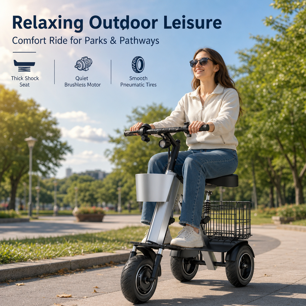 3‑Wheel Folding Electric Scooter, 450W Brushless Motor 30‑50KM Range Removable Battery, Compact Foldable E‑Scooter with Basket for City Commute Travel