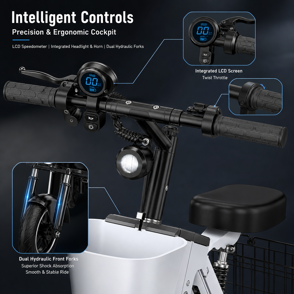 3‑Wheel Folding Electric Scooter, 450W Brushless Motor 30‑50KM Range Removable Battery, Compact Foldable E‑Scooter with Basket for City Commute Travel