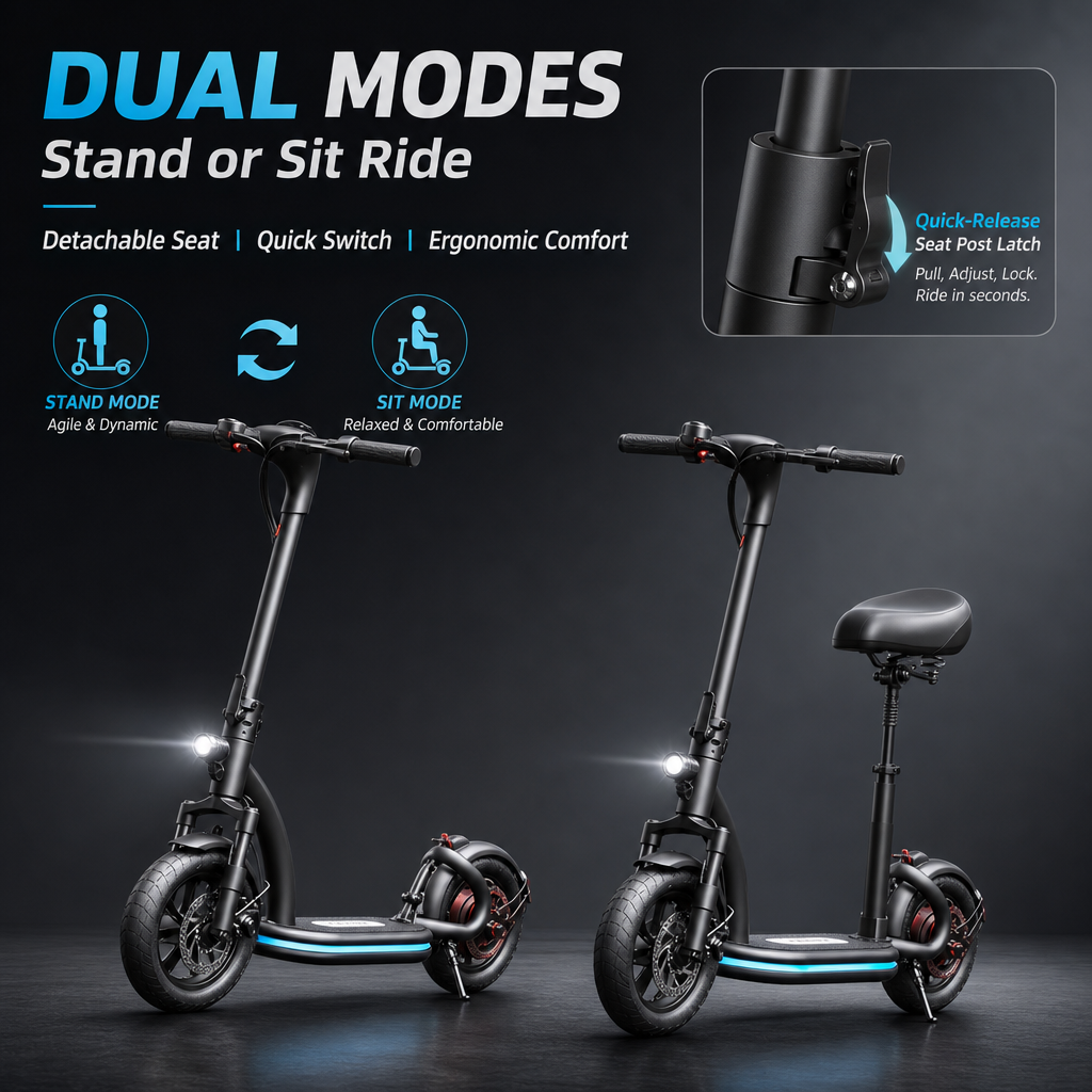 48V Dual‑Mode Foldable Electric Scooter, Detachable Seat Sit‑Stand Ride, Oil‑Spring Dual Shock Absorption, Full Lighting System for City Commute & Campus Travel