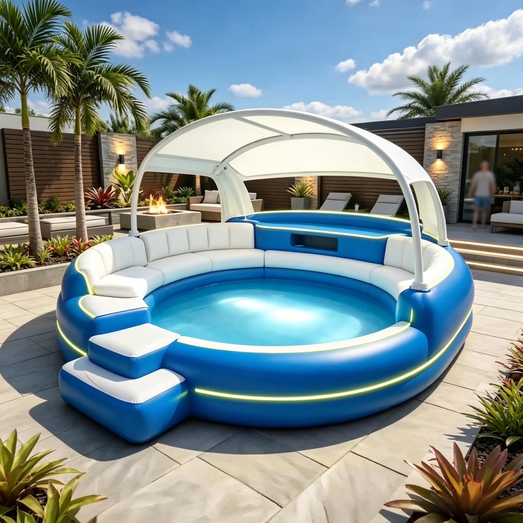 Premium Inflatable Hot Tub Spa with Fold‑Canopy & LED Ambient Lighting, 4‑7 Person Portable Outdoor Inflatable Spa Pool with Electric Air Pump