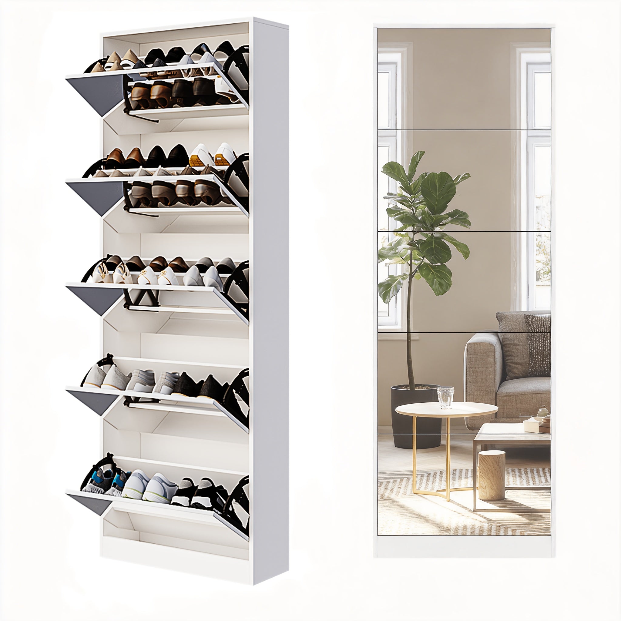 Tall Narrow Mirror Shoe Cabinet, Tipping Drawer Shoe Storage Organizer with Full Length Mirror, Slim Hidden Shoe Rack for Entryway Hallway