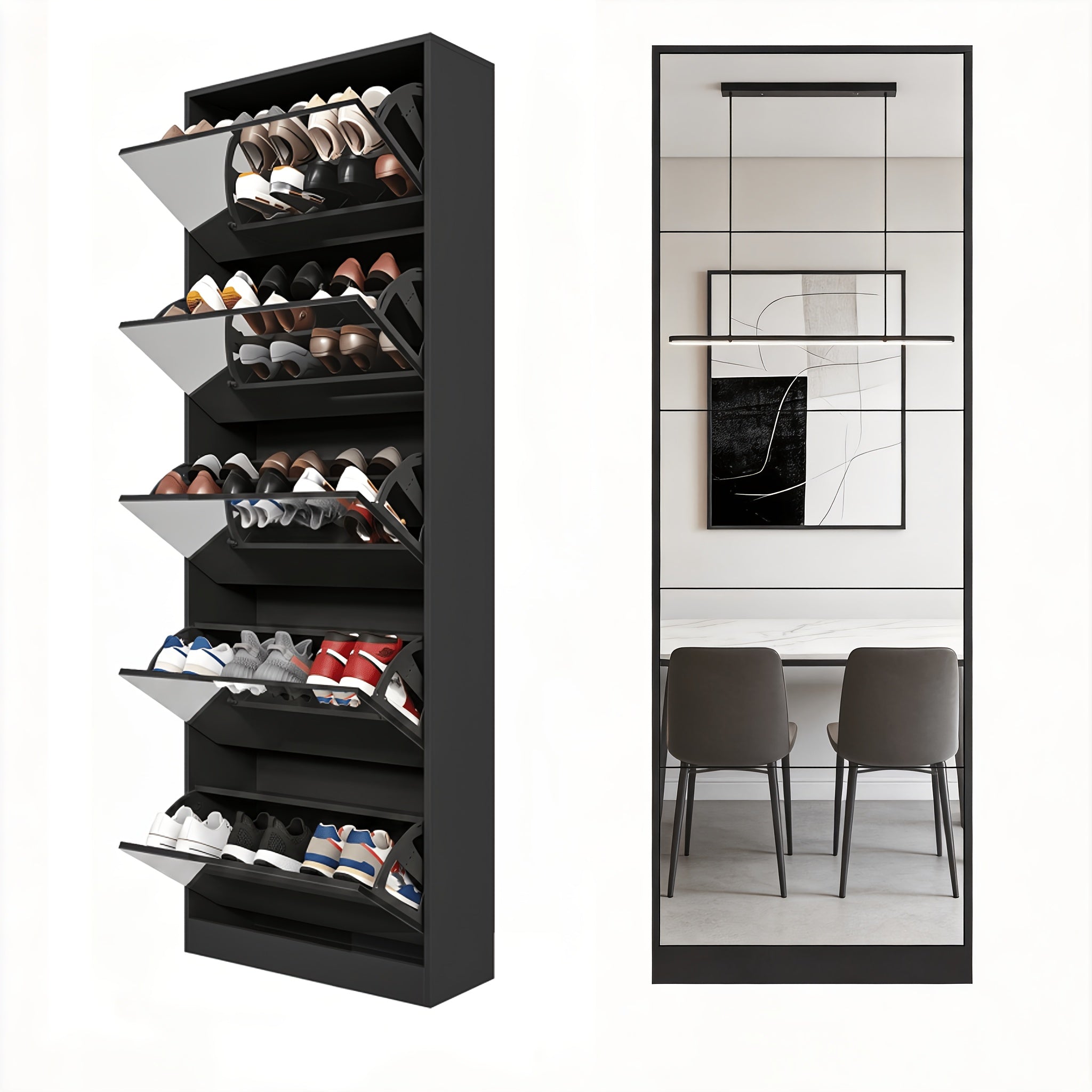 Tall Narrow Mirror Shoe Cabinet, Tipping Drawer Shoe Storage Organizer with Full Length Mirror, Slim Hidden Shoe Rack for Entryway Hallway