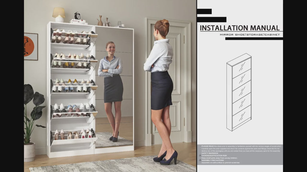 Tall Narrow Mirror Shoe Cabinet, Tipping Drawer Shoe Storage Organizer with Full Length Mirror, Slim Hidden Shoe Rack for Entryway Hallway