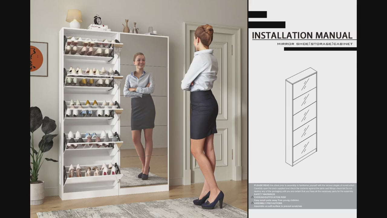 Tall Narrow Mirror Shoe Cabinet, Tipping Drawer Shoe Storage Organizer with Full Length Mirror, Slim Hidden Shoe Rack for Entryway Hallway