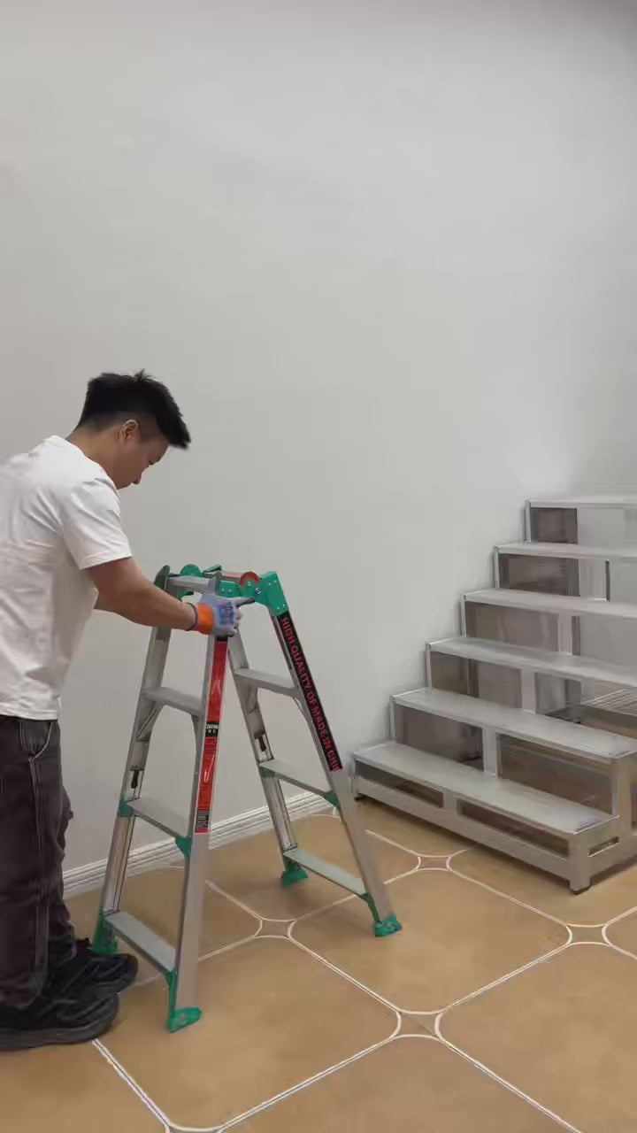 Multi‑Purpose Folding Aluminum Step Ladder, Heavy Duty Adjustable A‑Frame Telescoping Ladder for Household & Industrial Work